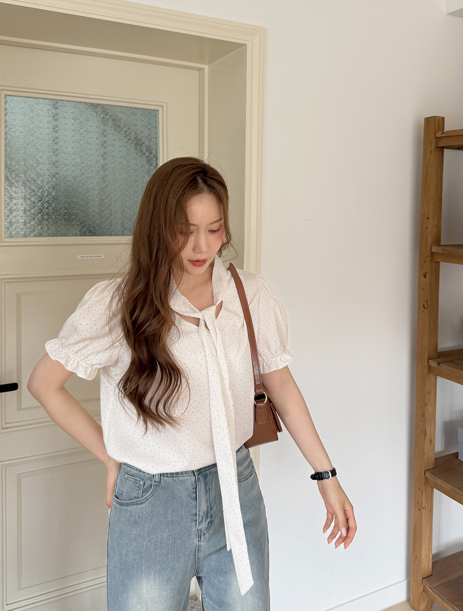 Munion 圓點領帶荷葉邊女上衣