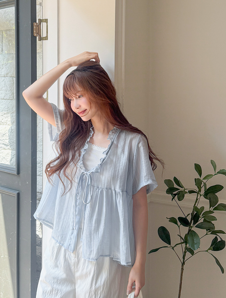Enyur 萊賽爾褶邊蝴蝶結女式上衣