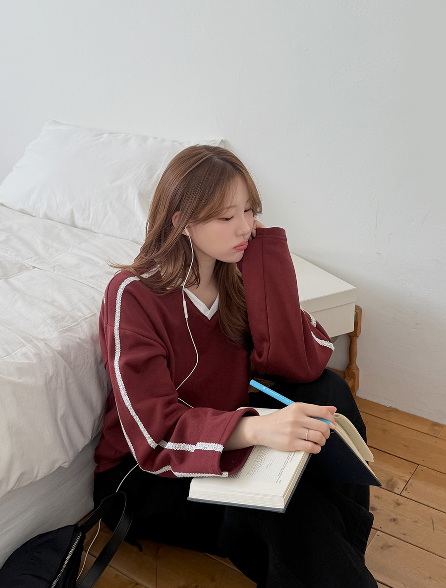 [EVELLET] 檸檬色蕾絲抓絨翻領刺繡T卹