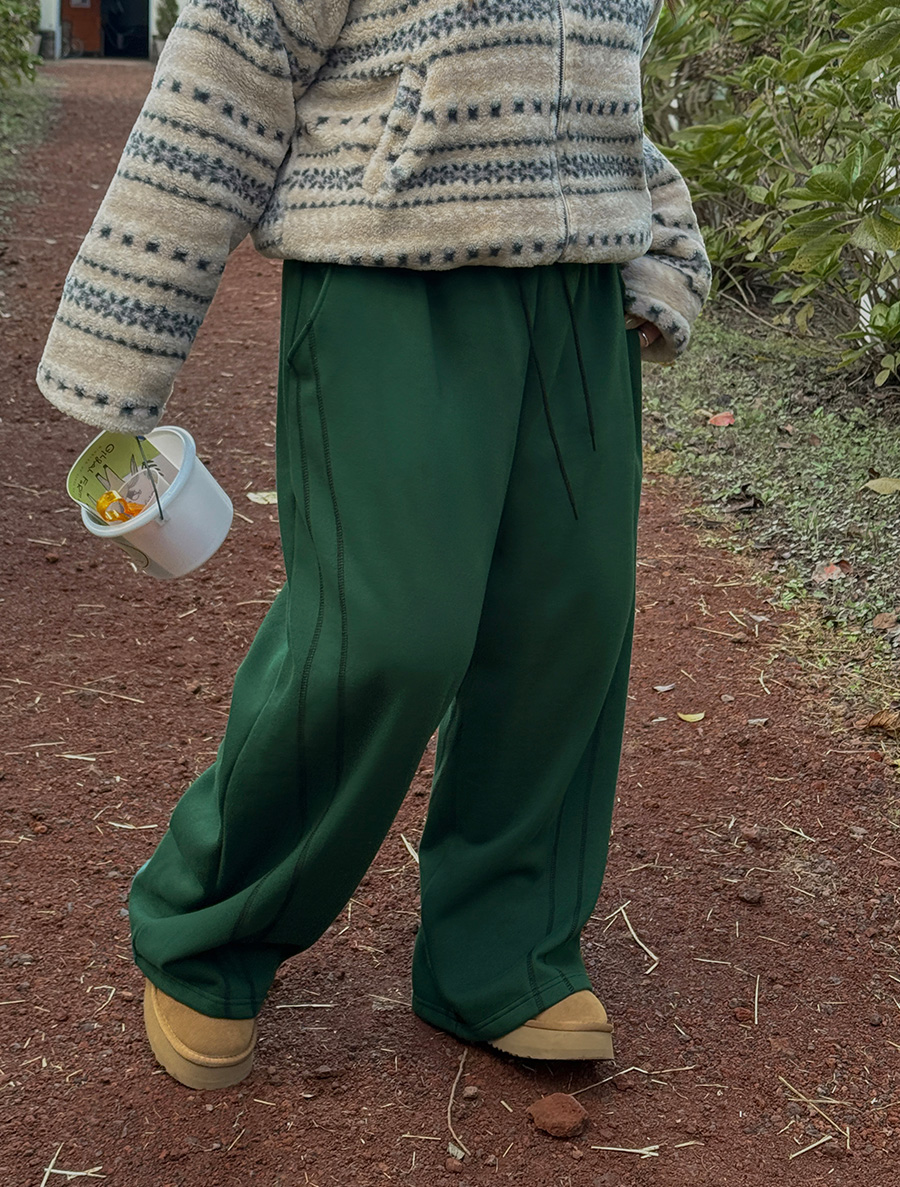 [EVELLET] 捲邊抓絨撞色縫邊腰帶褲