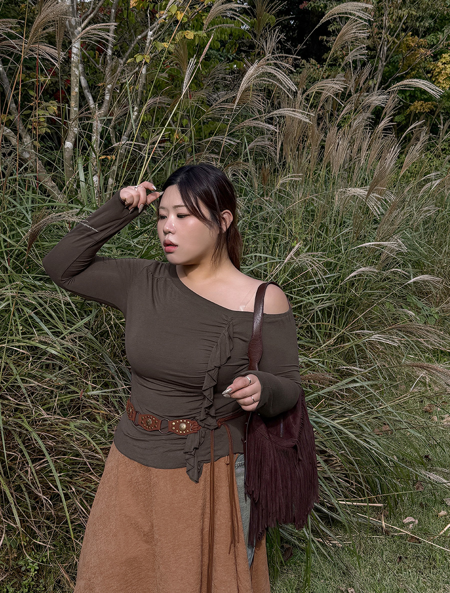 Prima 褶皺荷葉邊露肩 T 卹