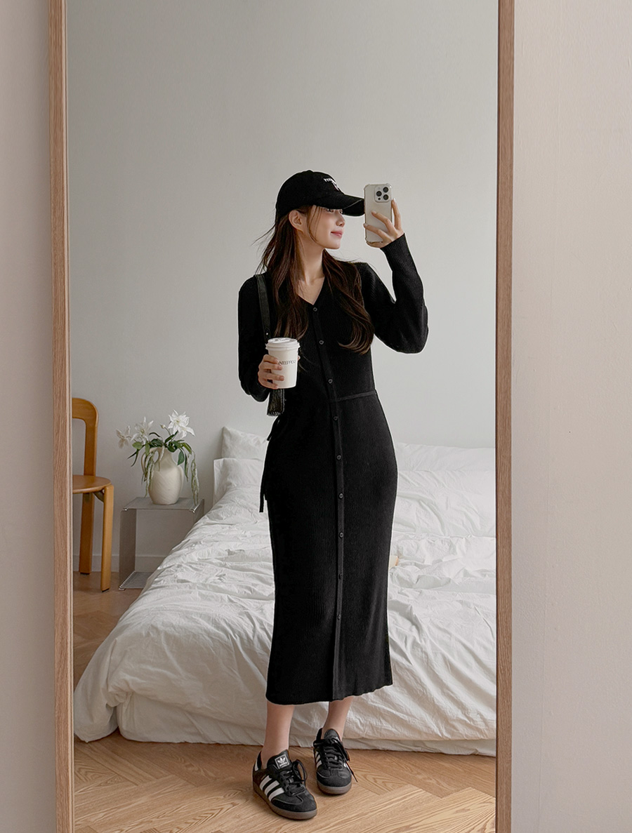 [EVELLET] EVELLET V領腰帶SET刺繡長洋裝