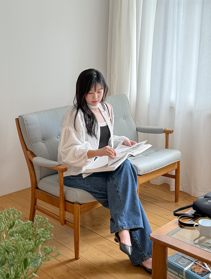 Renchard 領帶套裝泡泡袖開襟衫