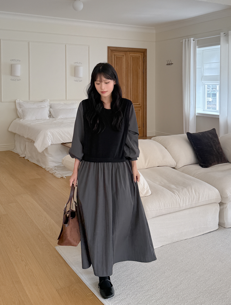 Anyu 拼色抽褶長袖西式連身裙