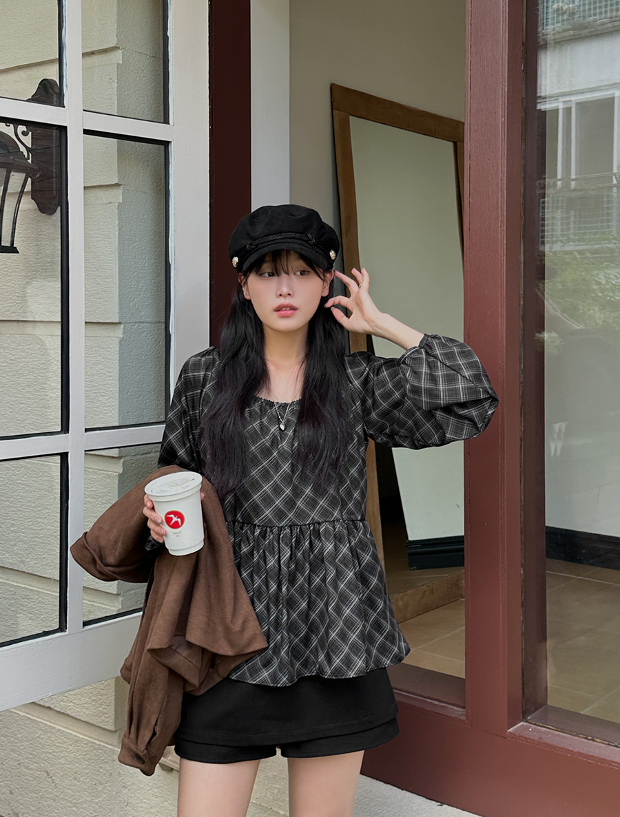 Perimu 方領格紋褶皺女式大衣