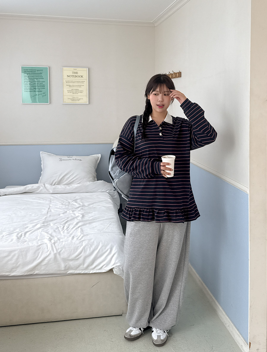 Tuaren 拼色荷葉邊領口T卹