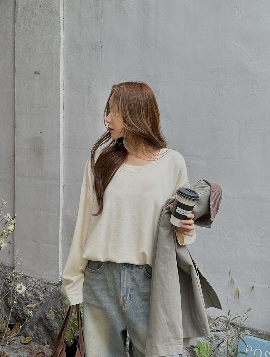 Leant黏膠圓領針織上衣