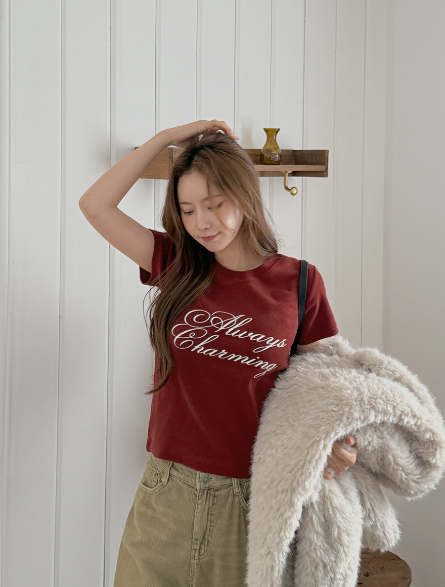 Viewnein 桃色抓絨字母半截T卹