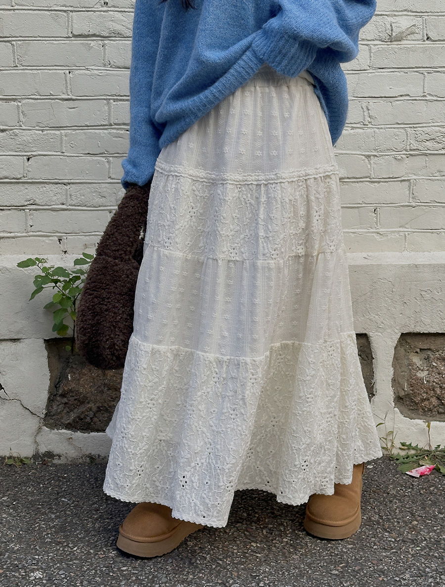 [EVELLET] 新款素色蕾絲腰帶長裙