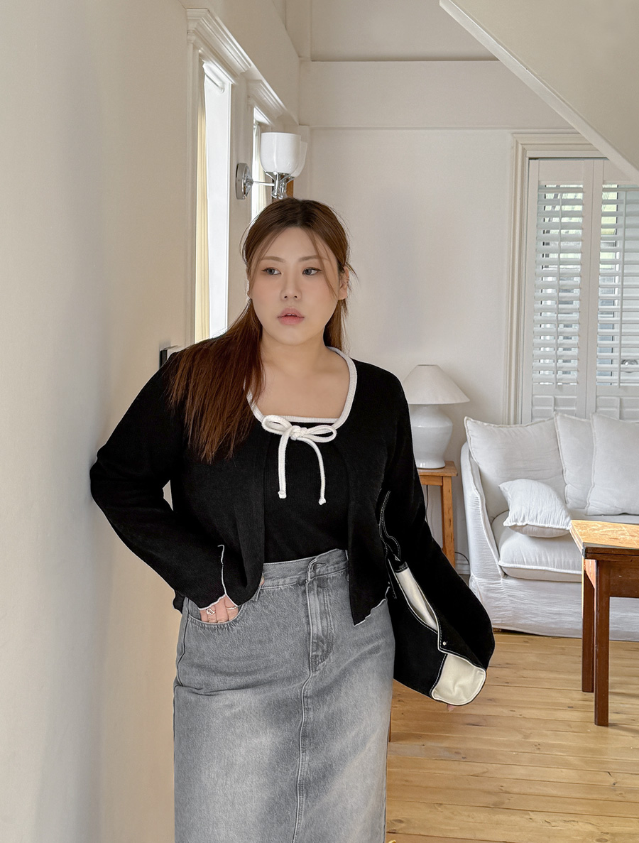 【EVELLET】絲絨絨拼色開襟衫SET