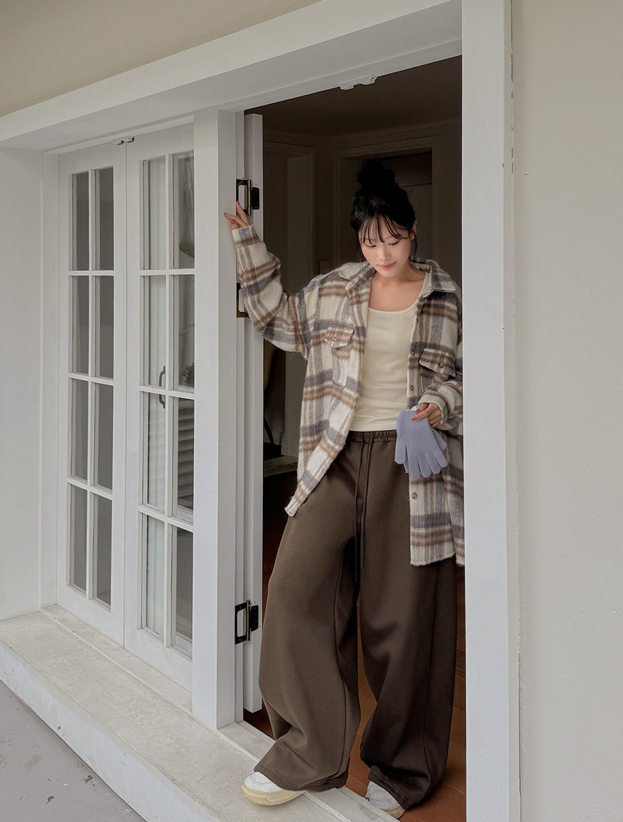 [EVELLET] 錫鑞抓絨細褶腰帶長褲