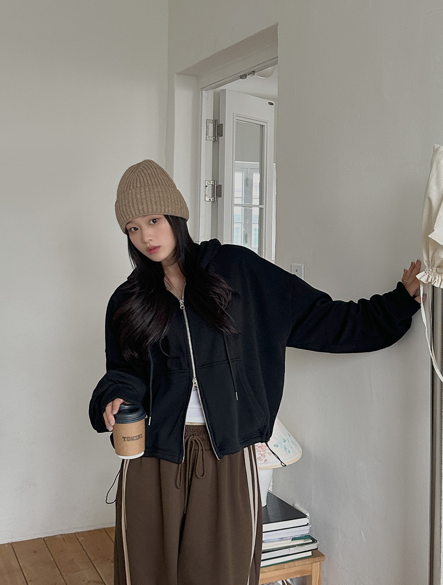 Endua 雙層連帽拉鍊真皮大衣