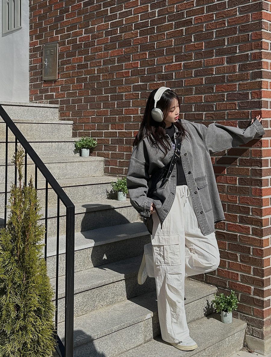 [EVELLET] 青灰色腰帶套裝 牛皮寬版襯衫夾克