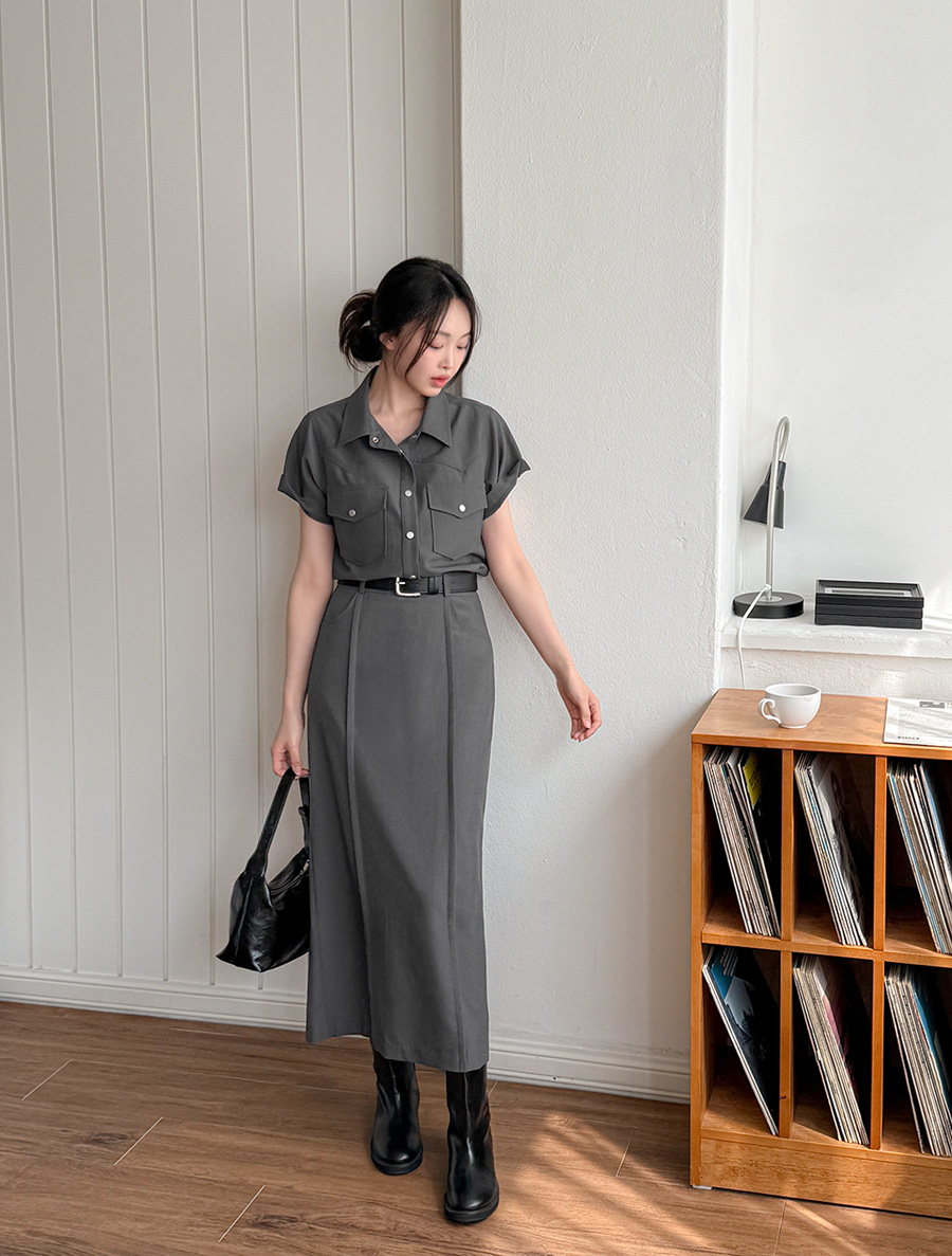 [EVELLET] 飄逸口袋短袖襯衫長裙套裝