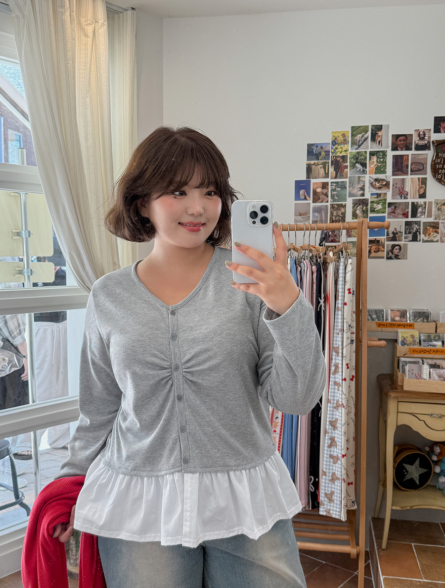 Enmuren 拼色褶飾紐扣T卹